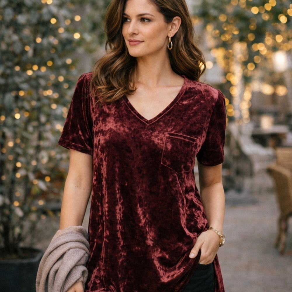 Spring + Mercer Burgundy Velvet Tunic Top | Soft Stretch V-Neck Lounge | M